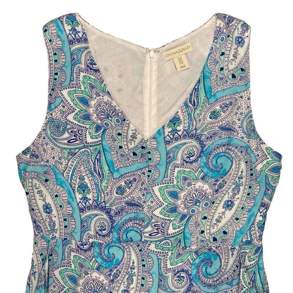 Cynthia Rowley Paisley Ruffle Hem Dress Womens Size 12 Blue Pockets Festive Boho - Picture 2 of 11